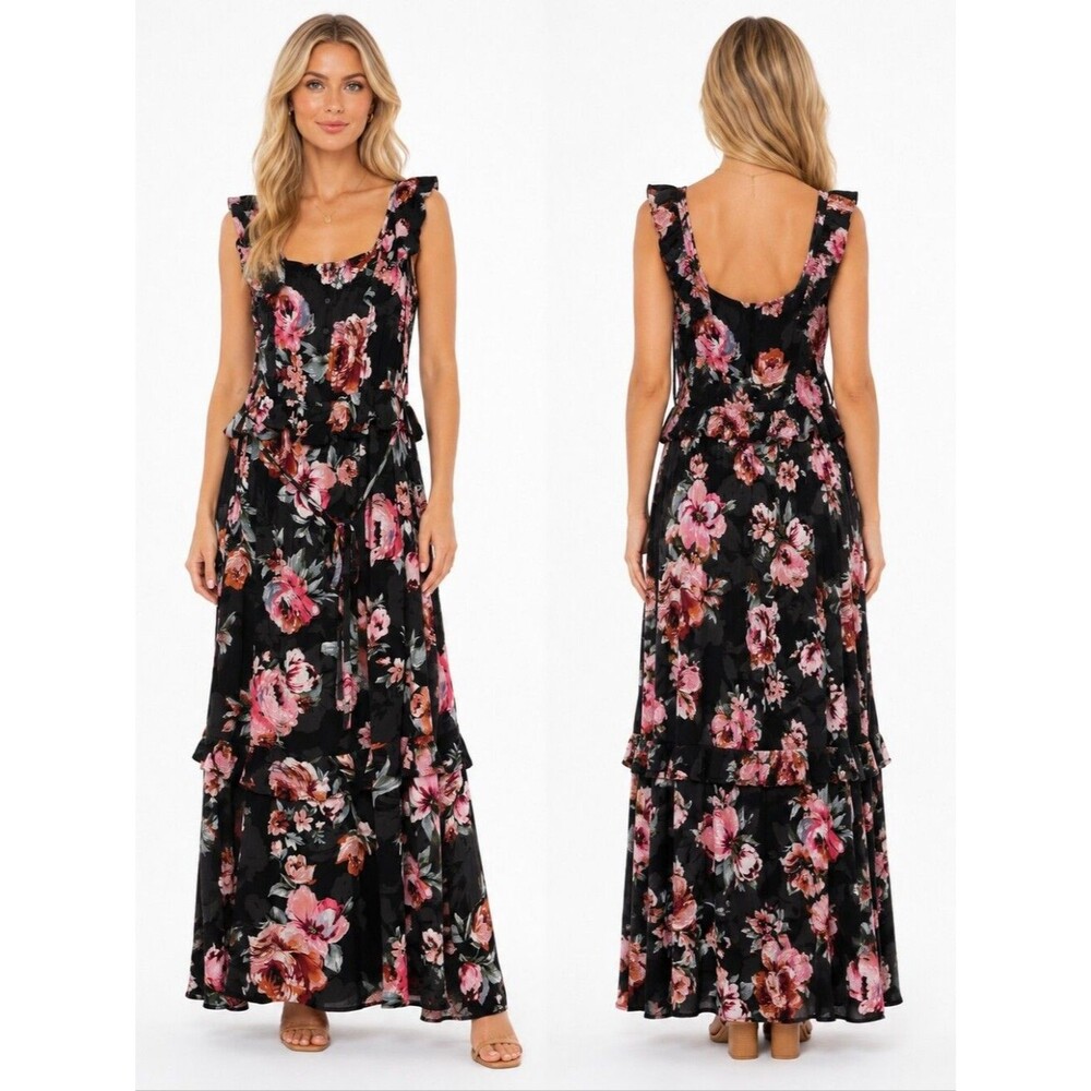 Band of Gypsies Aria Ruffle Tiered Maxi Dress Women Black Floral Boho Size S